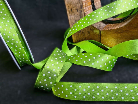 R0512 15mm Meadow Green-White Micro Polka Dot Spot Ribbon, Berisfords 