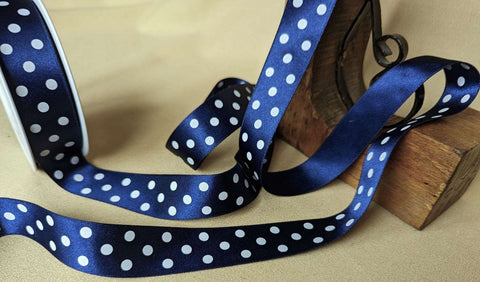 R0529 25mm Navy-White Satin-Polka Dot Spot Print Ribbon Berisfords 