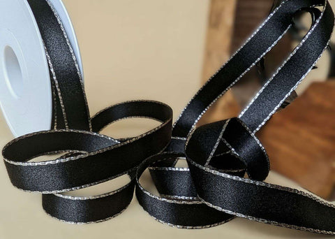 R0551 15mm Black-Silver Metallic Edge Double Satin Ribbon, Berisfords 