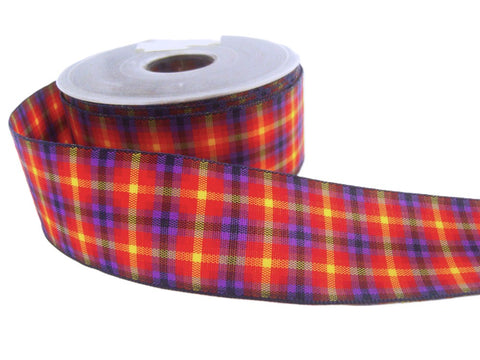 40mm Red, Purple & Yellow Plaid Check Ribbon with Wired Borders