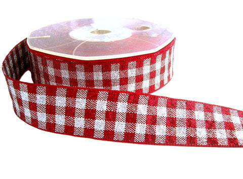 25mm Scarlet Berry & Silver Metallic Check Ribbon