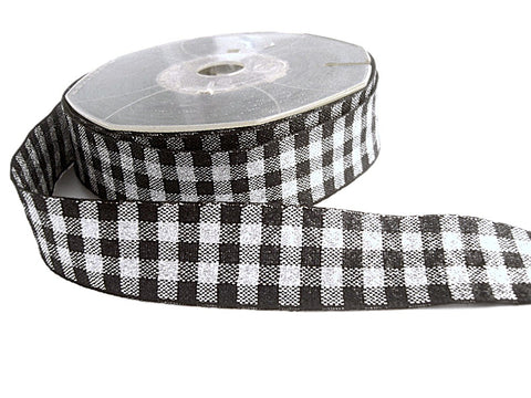 24mm Black & Silver Metallic Check Ribbon