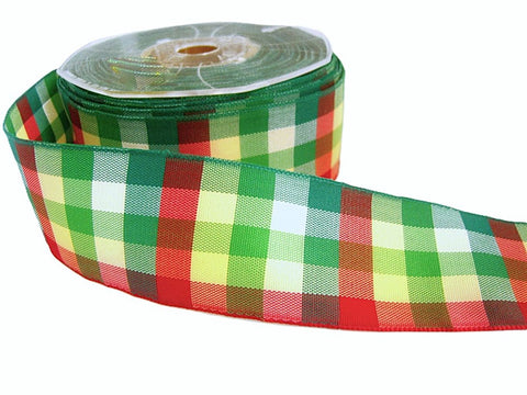 38mm Greens, Reds & Creams Gingham Check Ribbon