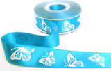 R1459 27mm Blue Satin-White Embossed Butterfly Ribbon, Berisfords