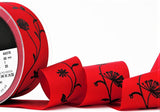 R1507 40mm Red Grosgrain Ribbon, Black Flowery Print by Berisfords