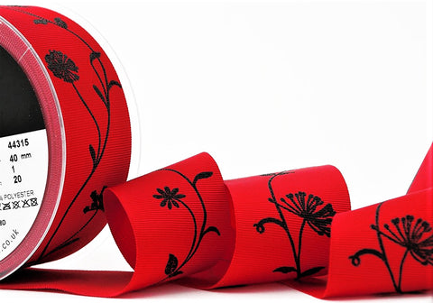 R1507 40mm Red Grosgrain Ribbon, Black Flowery Print by Berisfords