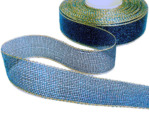 25mm Royal Blue Metallic Mesh Ribbon with Gold Borders