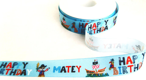 R1906 26mm Blue Birthday-Pirate Theme Print Taffeta Ribbon, Berisfords