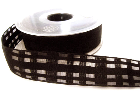 R2826 25mm Black Fine Grosgrain-Sheer Check Ribbon by Berisfords