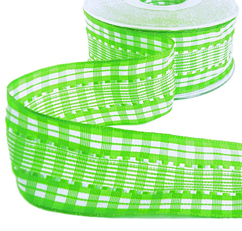 40mm Lime Green & White Silk Stitch Gingham Ribbon | Berisfords