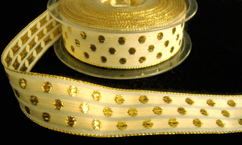 Brad R4302 Ribbon 25mm Cream-Metallic Gold Polka Dot Woven Ribbon by Berisfords – Ribbonmoon