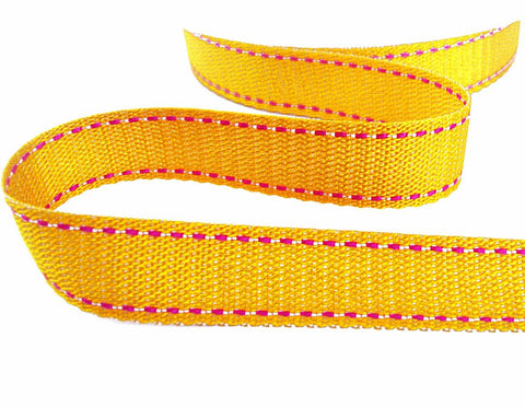 16mm Yellow Woven Ribbon with Pink Stitch Edges | Berisfords