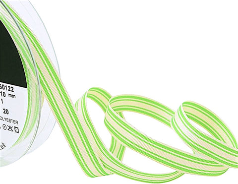 10mm Cream-Flo Green Neon Stripe Grosgrain Ribbon by Berisfords