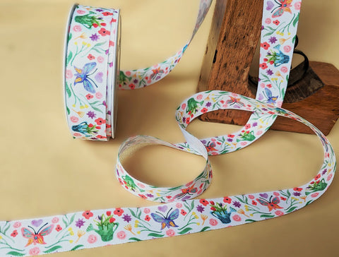 R5352 25mm White-Multi Butterfly-Garden Print Rustic Taffeta Ribbon