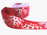 36mm Red Satin Ribbon with a Metallic Silver Snowflake Print