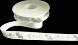 R6204 15mm White-Silver Mr & Mrs Wedding Print Satin Ribbon, Berisfords
