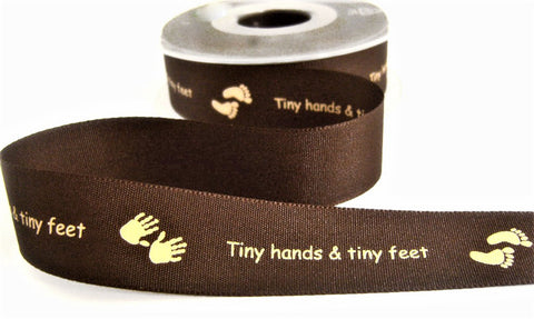 R6740 25mm Brown,Cream Rustic Taffeta Tiny hands and tiny feet Ribbon