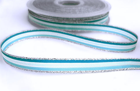 8mm Blues and Silver Solid and Sheer Striped Ribbon