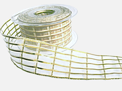 40mm Cream-Metallic Gold Sheer Check Ribbon by Berisfords