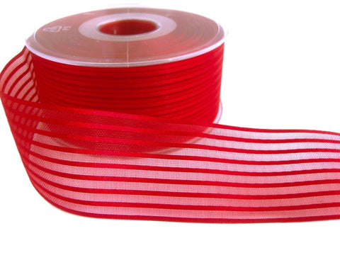 40mm Red Satin & Sheer Striped Ribbon by Berisfords