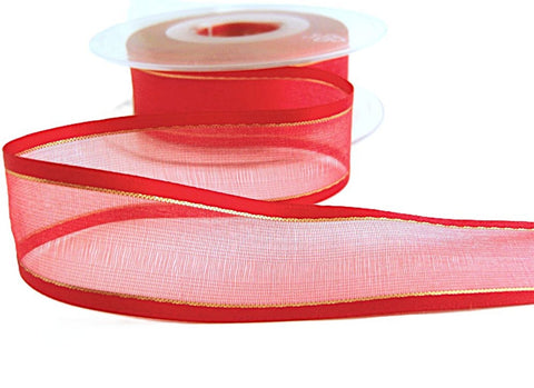 25mm Red Satin Edge Sheer Ribbon with Thin Gold Metallic Stripes