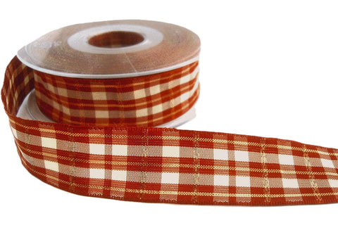 25mm Rust & Cream Tartan Ribbon with Copper Metallic Stripes