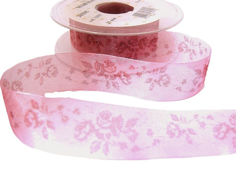 25mm dusky pink organza ribbon with a tonal wild rose print