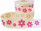 30mm Cream-Pink Daisy Printed Cotton Ribbon Tape, Berisfords