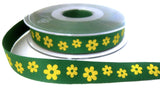 R7210C 15mm Printed Green Cotton Tape Ribbon with a Yellow Daisy Design
