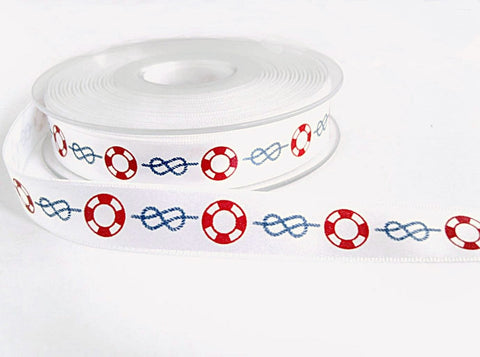 16mm White Satin Ribbon with a Printed Nautical Themed Print