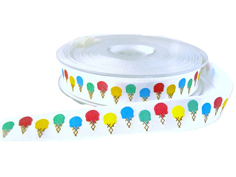 16mm White Satin Ribbon with a Multi Coloured Ice Cream Print
