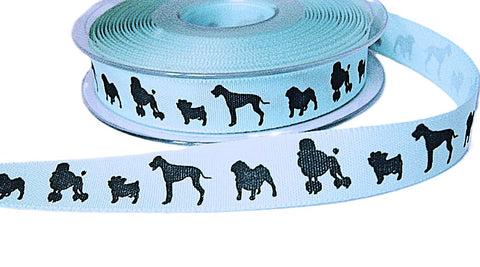 16mm Blue Rustic Taffeta Ribbon with Printed Black Dogs Design