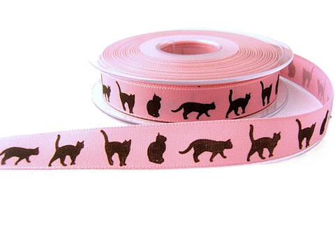 16mm Pink Rustic Taffeta Ribbon with Printed Black Dogs Design
