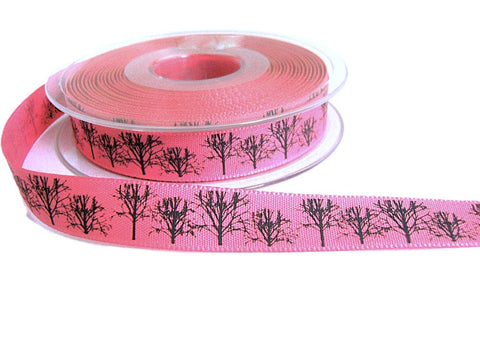 15mm Pink Rustic Taffeta Ribbon, Printed Black Woodland Design