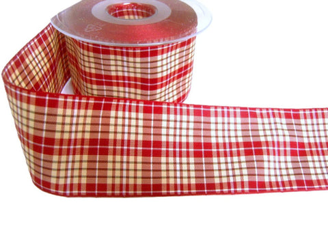 50mm Red, Cream, Black & White Tartan Ribbon by Berisfords