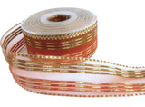 40mm Brown & Rust Stripes and Sheer Ribbon, Woven Gold Lurex.