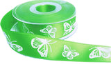 27mm Green Satin-White Embossed Butterfly Ribbon by Berisfords