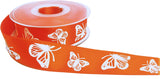 27mm Orange Satin-White Embossed Butterfly Ribbon by Berisfords