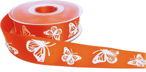 27mm Orange Satin-White Embossed Butterfly Ribbon by Berisfords