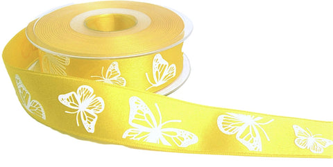 27mm Yellow Satin-White Embossed Butterfly Ribbon by Berisfords
