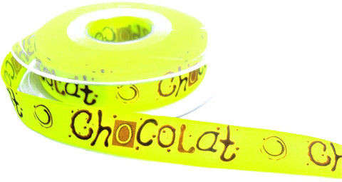 16mm Fluorescent Yellow Taffeta Ribbon Chocolat Print,Berisfords