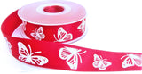 27mm Red Satin-White Embossed Butterfly Ribbon - Berisfords