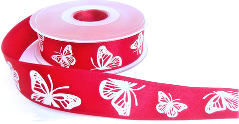 27mm Red Satin-White Embossed Butterfly Ribbon - Berisfords