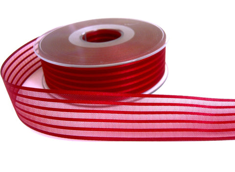25mm Scarlet Berry Satin & Sheer Striped Ribbon | Berisfords