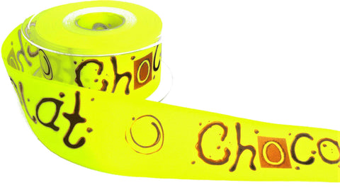 R7482 40mm Fluorescent Yellow Taffeta Ribbon Chocolat Print,Berisfords