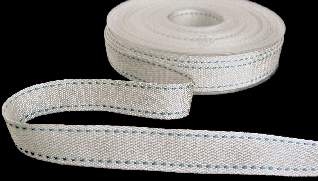 R7682 15mm Natural Ivory-Blue Retro Stitch Edge Woven Ribbon, Berisfor ...