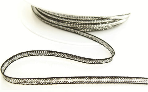 R7755 4mm Silver Metallic Ribbon with Black Borders by Berisfords
