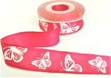 R7776 26mm Pink Taffeta-White Embossed Butterfly Ribbon by Berisfords