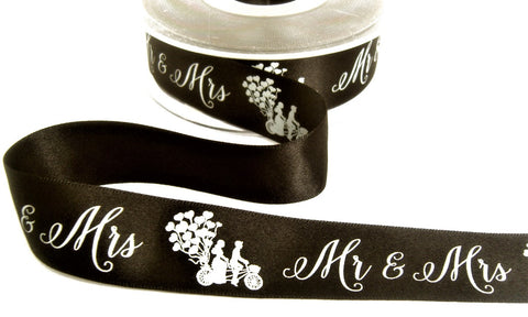 R7890 25mm Black Mr & Mrs Wedding Printed Satin Ribbon by Berisfords