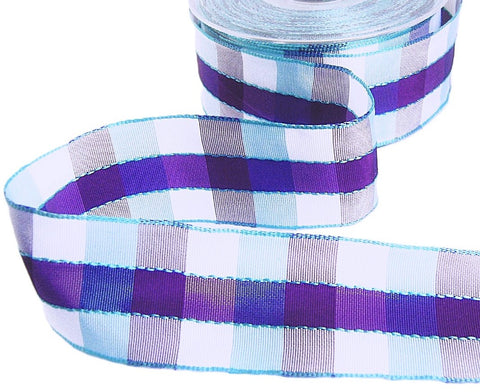 40mm Blue, Purple & White Wire Edge Gingham Ribbon | Berisfords